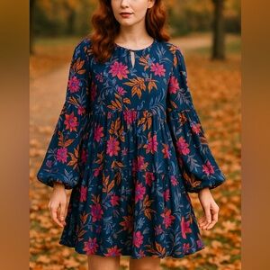 Umgee Navy and Magenta Floral Long Sleeve Dress size L Boho Babydoll Tent Midi